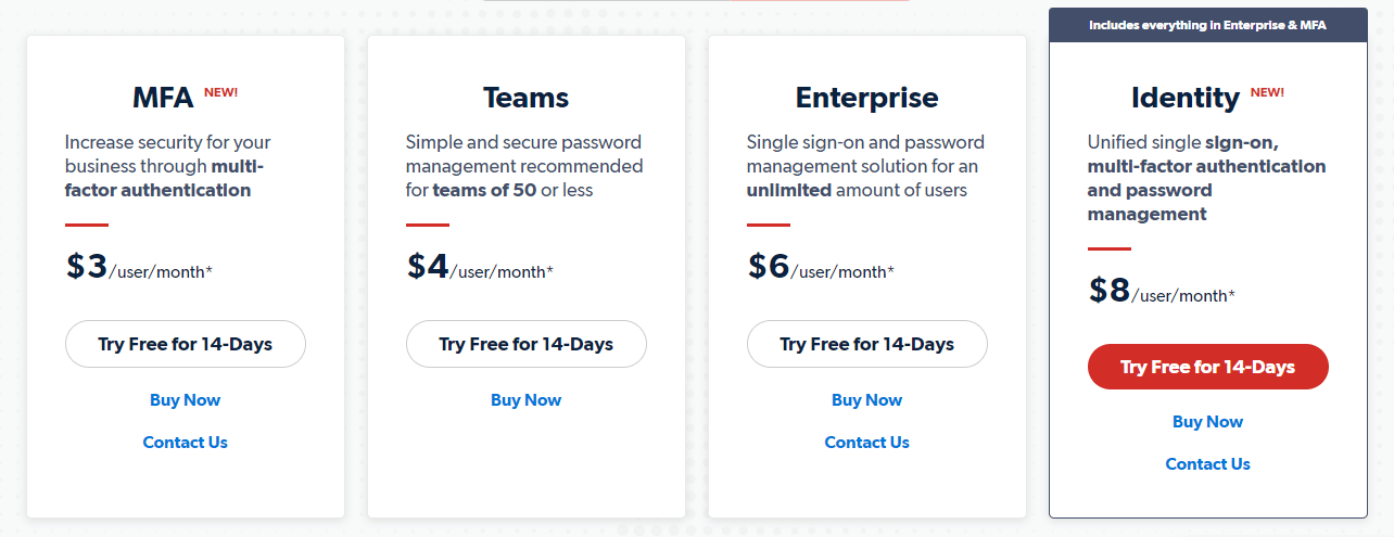 LastPass business pricing screenshot