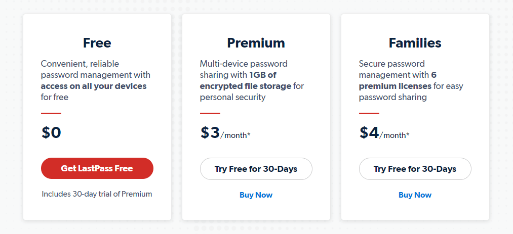 LastPass pricing screenshot