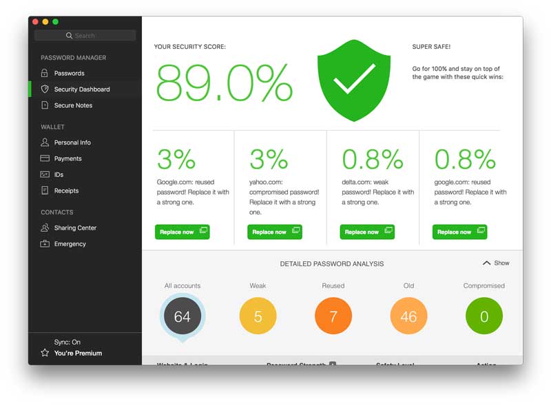 Dashlane screenshot security score